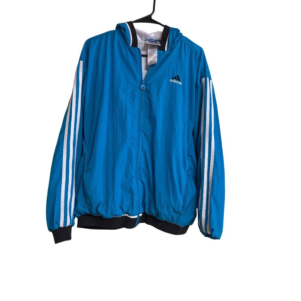 VINTAGE Adidas Blue Hooded Windbreaker Jacket With Embroidered Logo Men’s Large